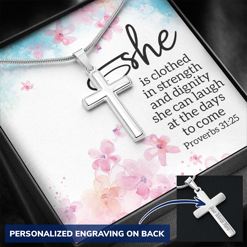 Personalized Engraved Cross Necklace - She Proverbs