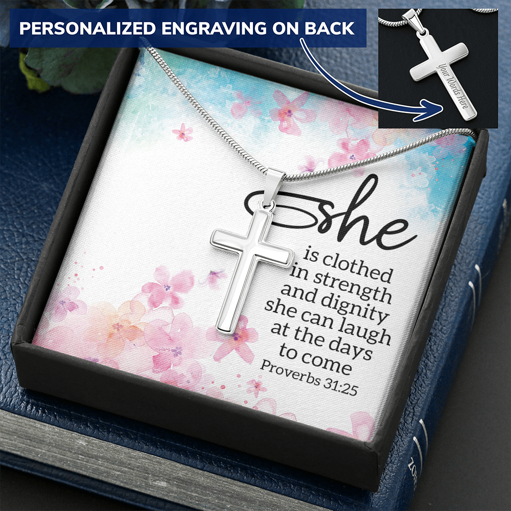 Personalized Engraved Cross Necklace - She Proverbs