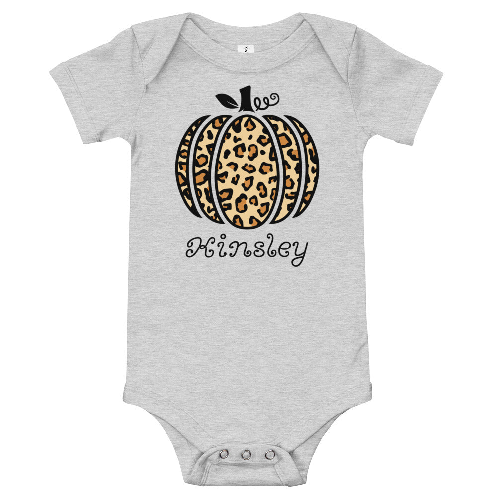 Personalized Leopard Pumpkin Fall Baby Short Sleeve One Piece Bodysuit