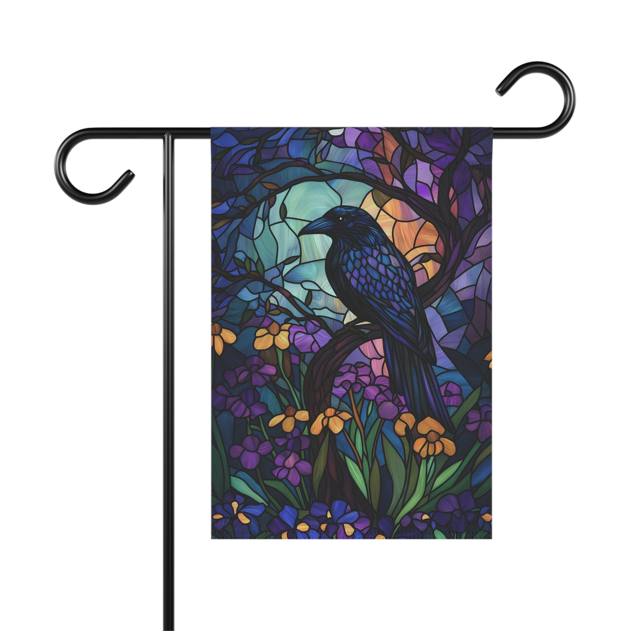 Raven Garden Flag, Gothic Stained Glass Banner, Folk Art Black Bird Flag, Whimsigoth House Decor, Medieval Crow Art, Dark Cottage Flag