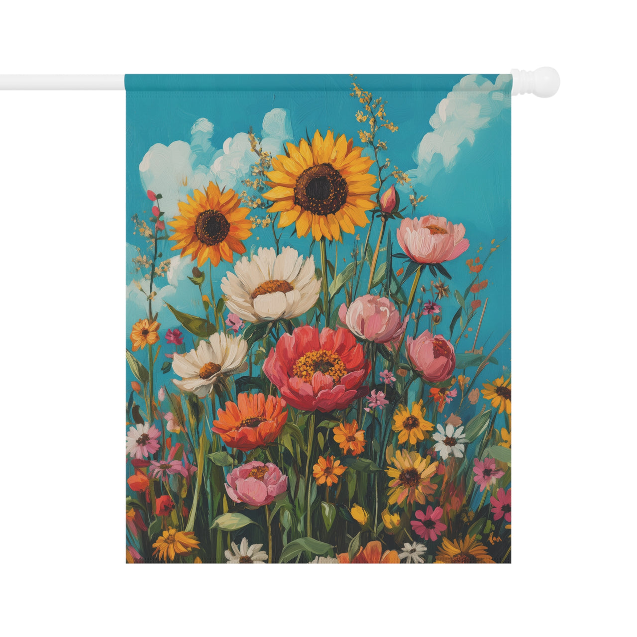 Sunflower Garden Flag, Cottagecore Wildflower Banner, Summer Yard Flag, Pink Peony Garden Decor, Blue Sky Porch Art, Floral Gift