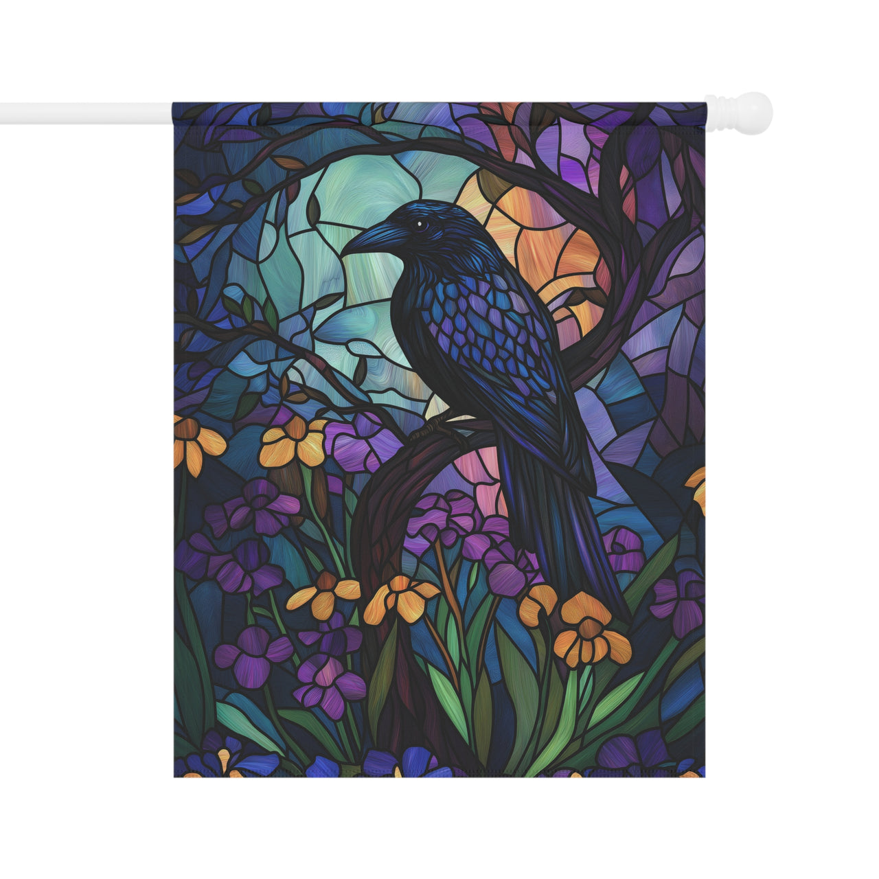 Raven Garden Flag, Gothic Stained Glass Banner, Folk Art Black Bird Flag, Whimsigoth House Decor, Medieval Crow Art, Dark Cottage Flag