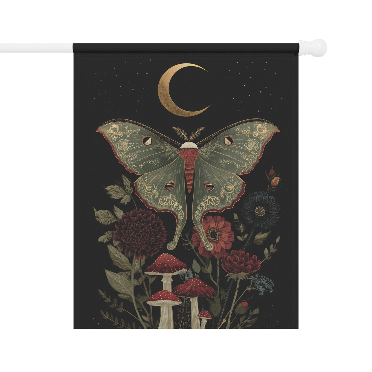 Luna Moth Garden Flag, Moody Garden Flag, Dark Floral Mushroom Decor, Fall Garden Flag, Gothic Yard Flag, Witchy Moon Flag, Moon Garden Flag