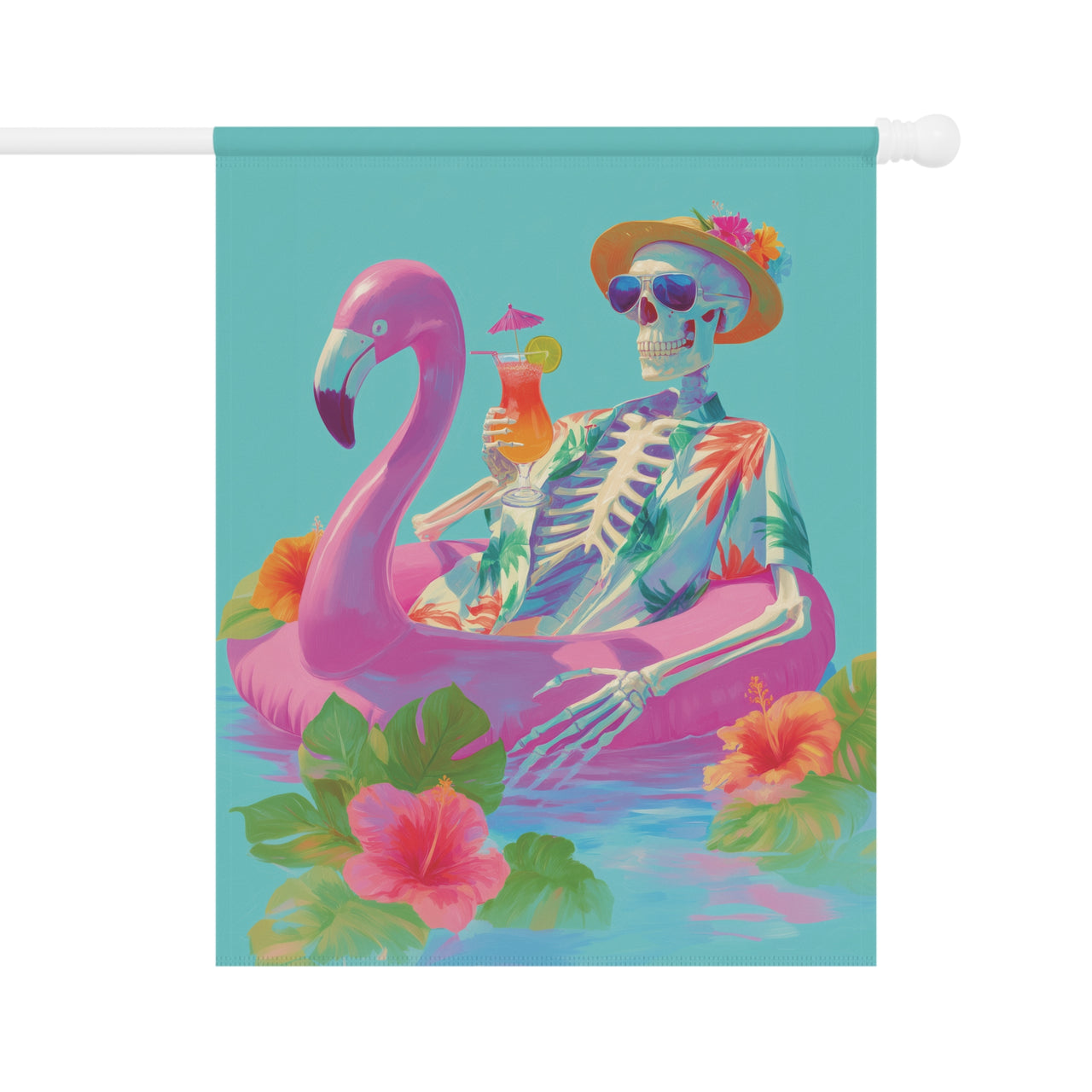 Summerween Garden Flag, Skeleton Flamingo Float, Tropical Halloween Banner, Spooky Beach Pool Flag, Summer Goth Decor, Monstera Skull Art
