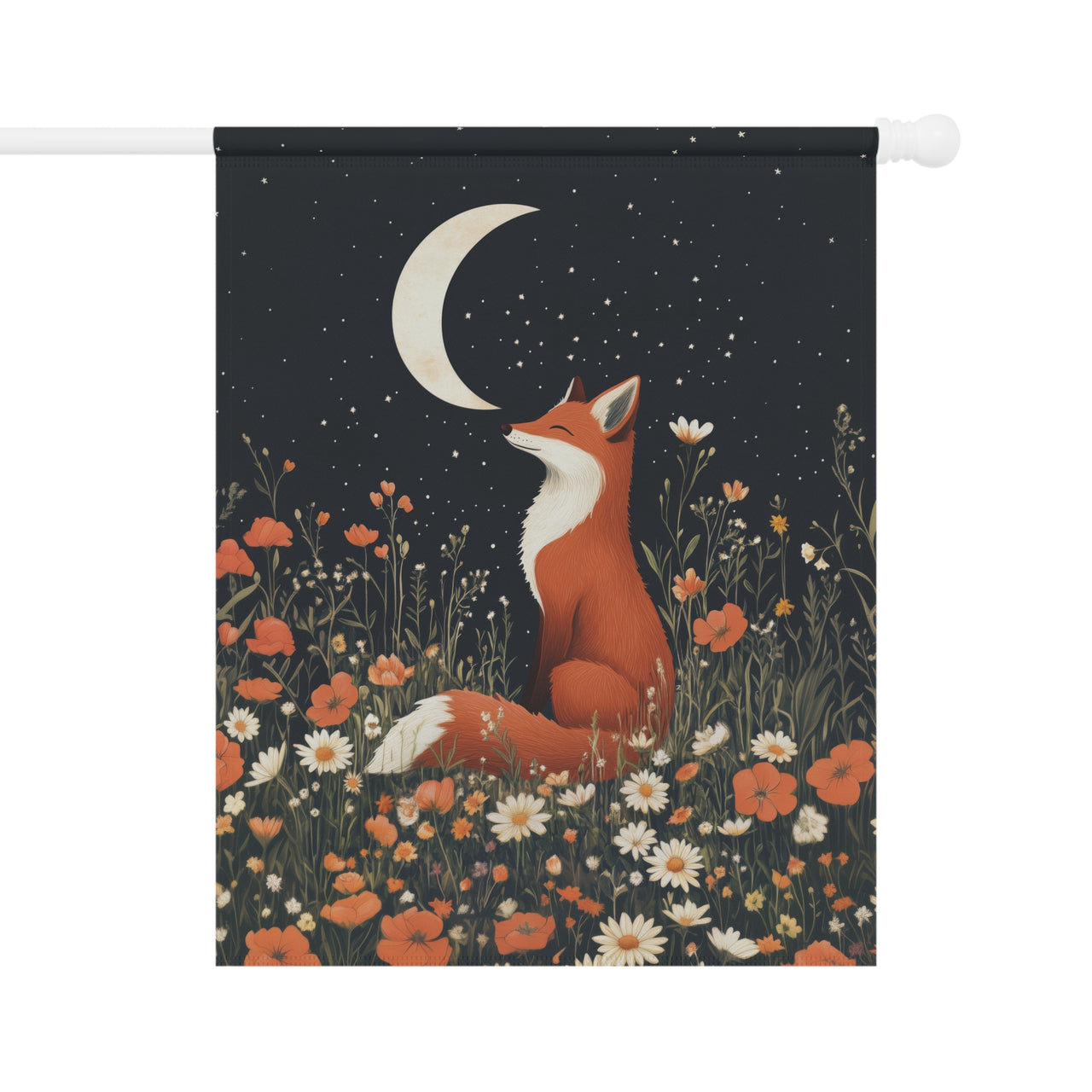 Fox Moon Garden Flag, Cottagecore Night Sky Decor, Woodland Wildflower Flag, Whimsical Garden Gift, Orange Poppy Art, Stars Celestial Flag