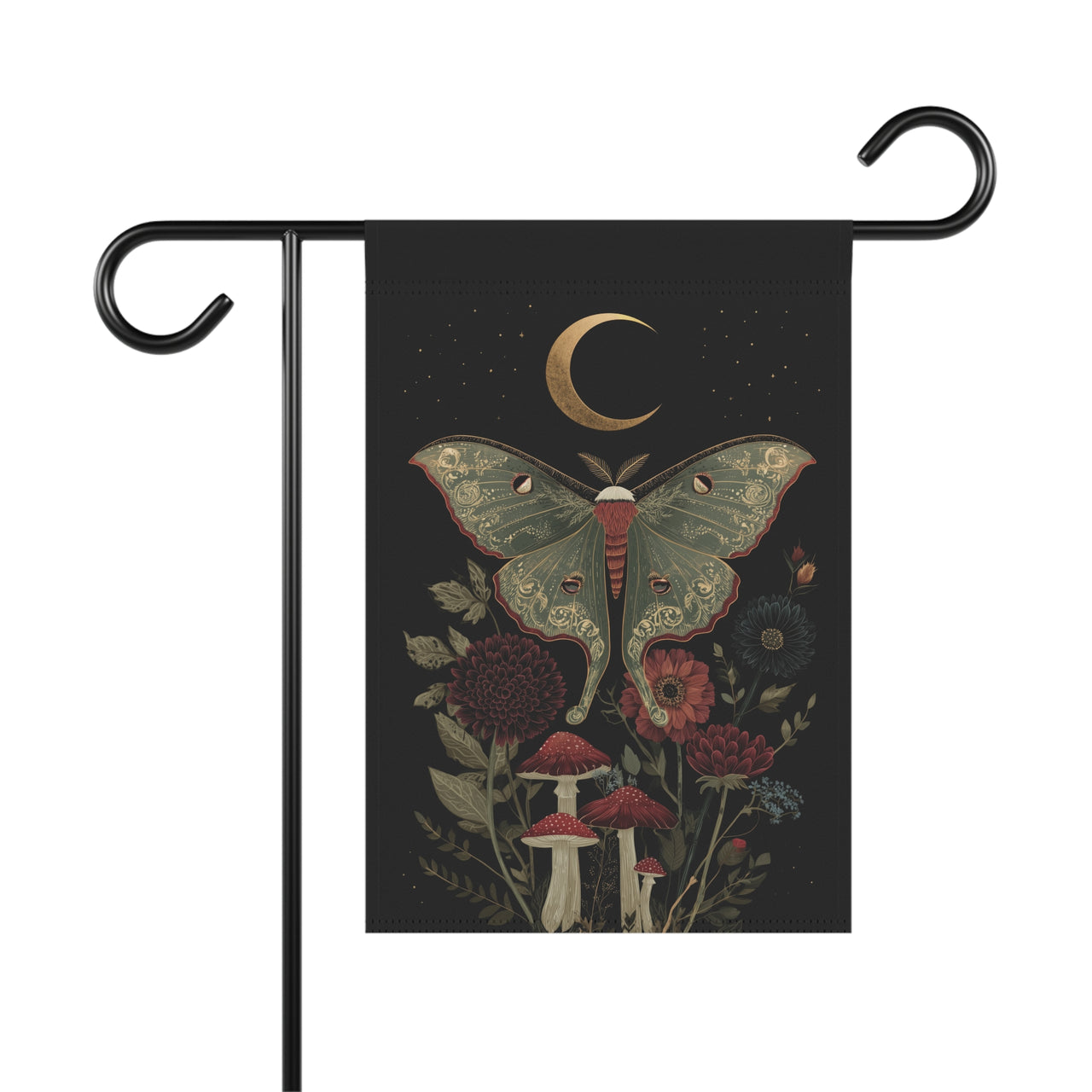 Luna Moth Garden Flag, Moody Garden Flag, Dark Floral Mushroom Decor, Fall Garden Flag, Gothic Yard Flag, Witchy Moon Flag, Moon Garden Flag