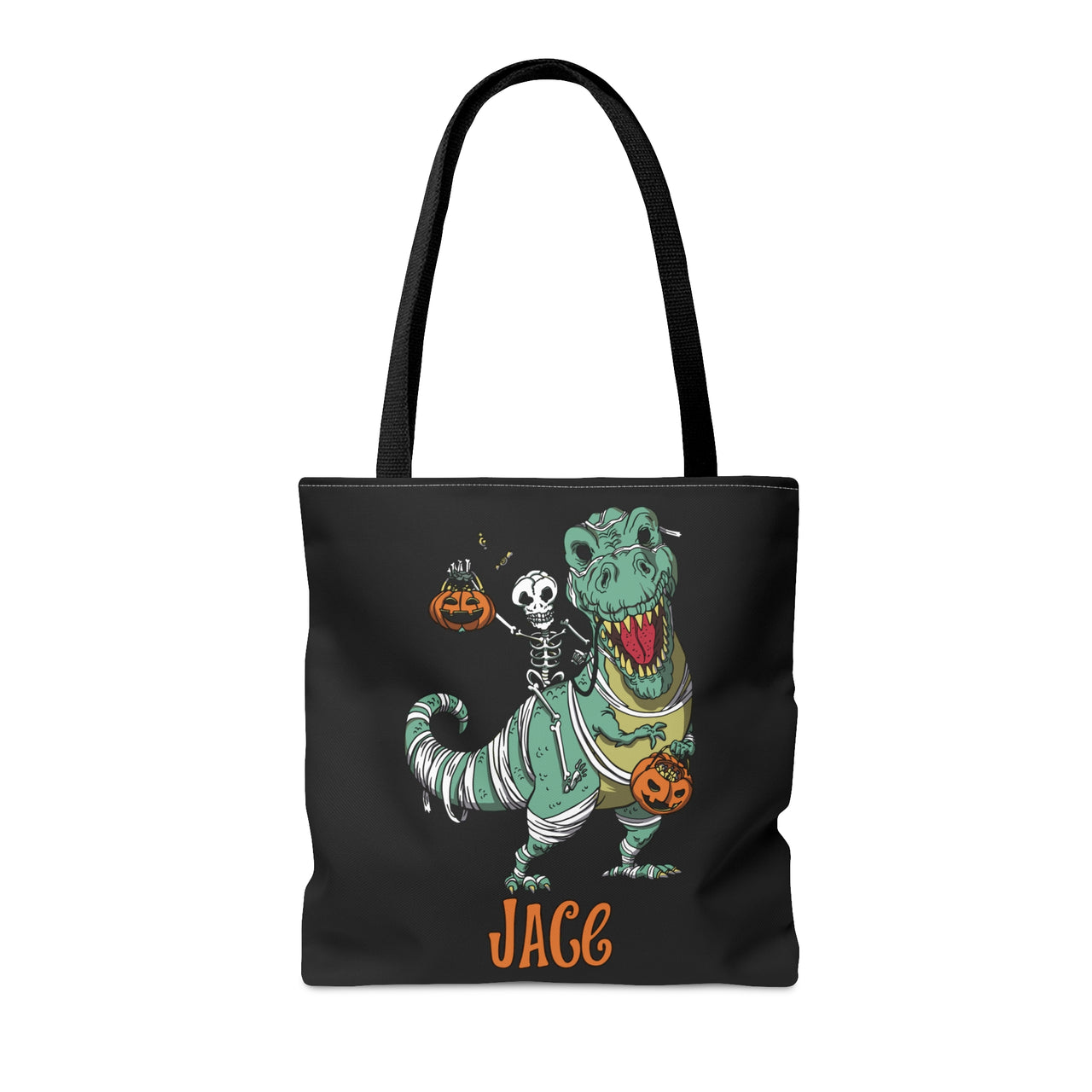 JACE - Trick or Treat Bag, Personalized Halloween Bag, Custom Name Black Candy Bag, Kids Halloween Tote Bag, Dinosaur Halloween Treat Bags