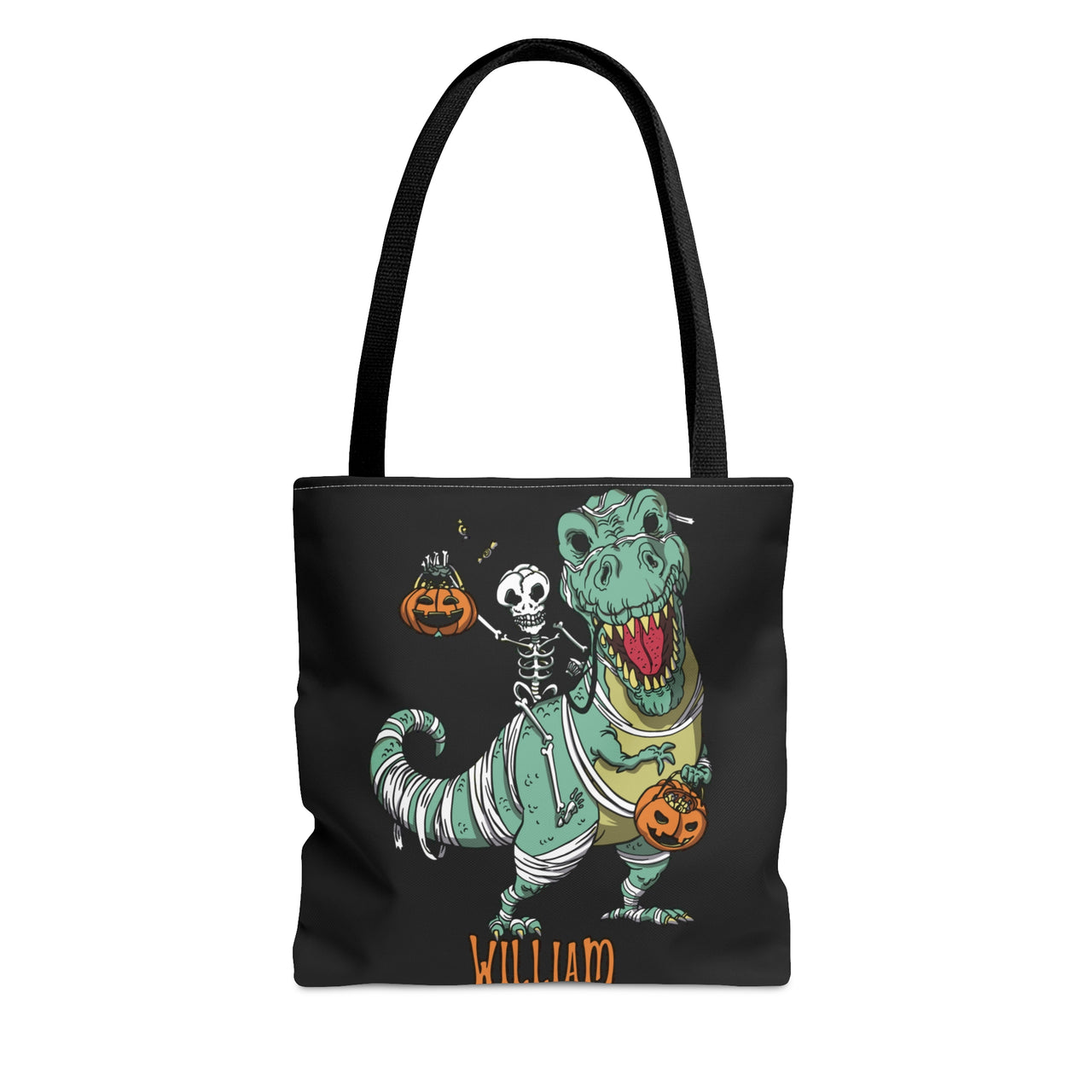 Trick or Treat Bag, Personalized Halloween Bag, Custom Name Black Candy Bag, Kids Halloween Tote Bag, Dinosaur Halloween Treat Bags