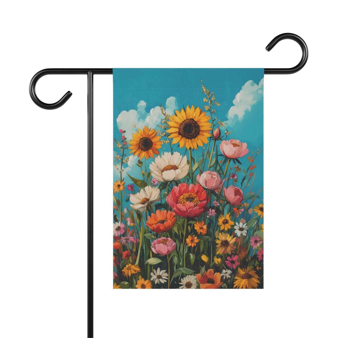 Sunflower Garden Flag, Cottagecore Wildflower Banner, Summer Yard Flag, Pink Peony Garden Decor, Blue Sky Porch Art, Floral Gift