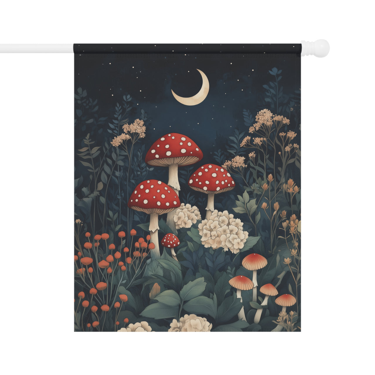 Mushroom Garden Flag, Cottagecore Moon Banner, Mystical Night Sky Flag, Amanita Woodland Decor, Red Toadstool Art, Forest Gift