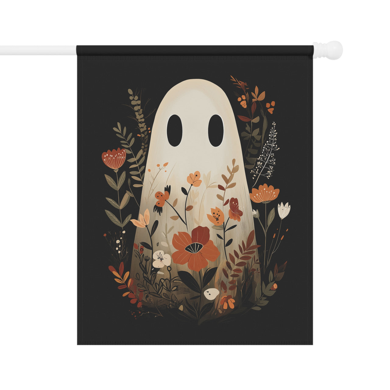 Vintage Ghost Garden Flag, Minimalist Halloween Fall Outdoor Decor, Spooky Floral Yard Banner, Groovy Ghoul, Neutral Autumn Lawn Sign