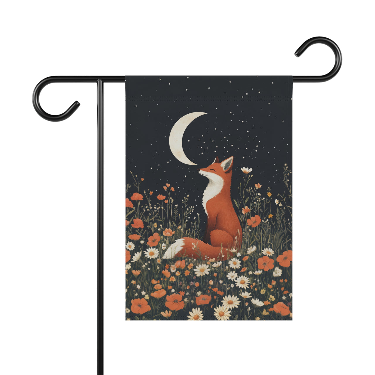 Fox Moon Garden Flag, Cottagecore Night Sky Decor, Woodland Wildflower Flag, Whimsical Garden Gift, Orange Poppy Art, Stars Celestial Flag