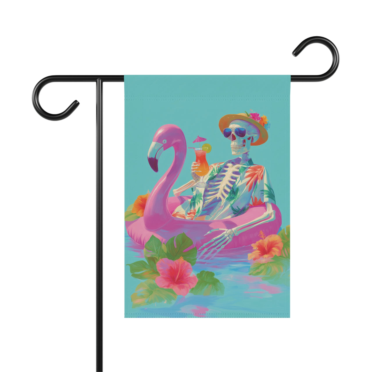 Summerween Garden Flag, Skeleton Flamingo Float, Tropical Halloween Banner, Spooky Beach Pool Flag, Summer Goth Decor, Monstera Skull Art