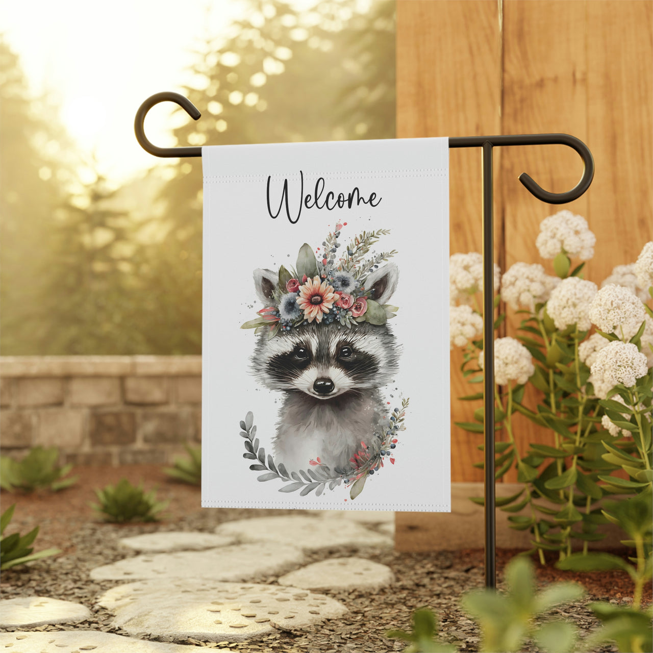 Raccoon Floral Garden Flag