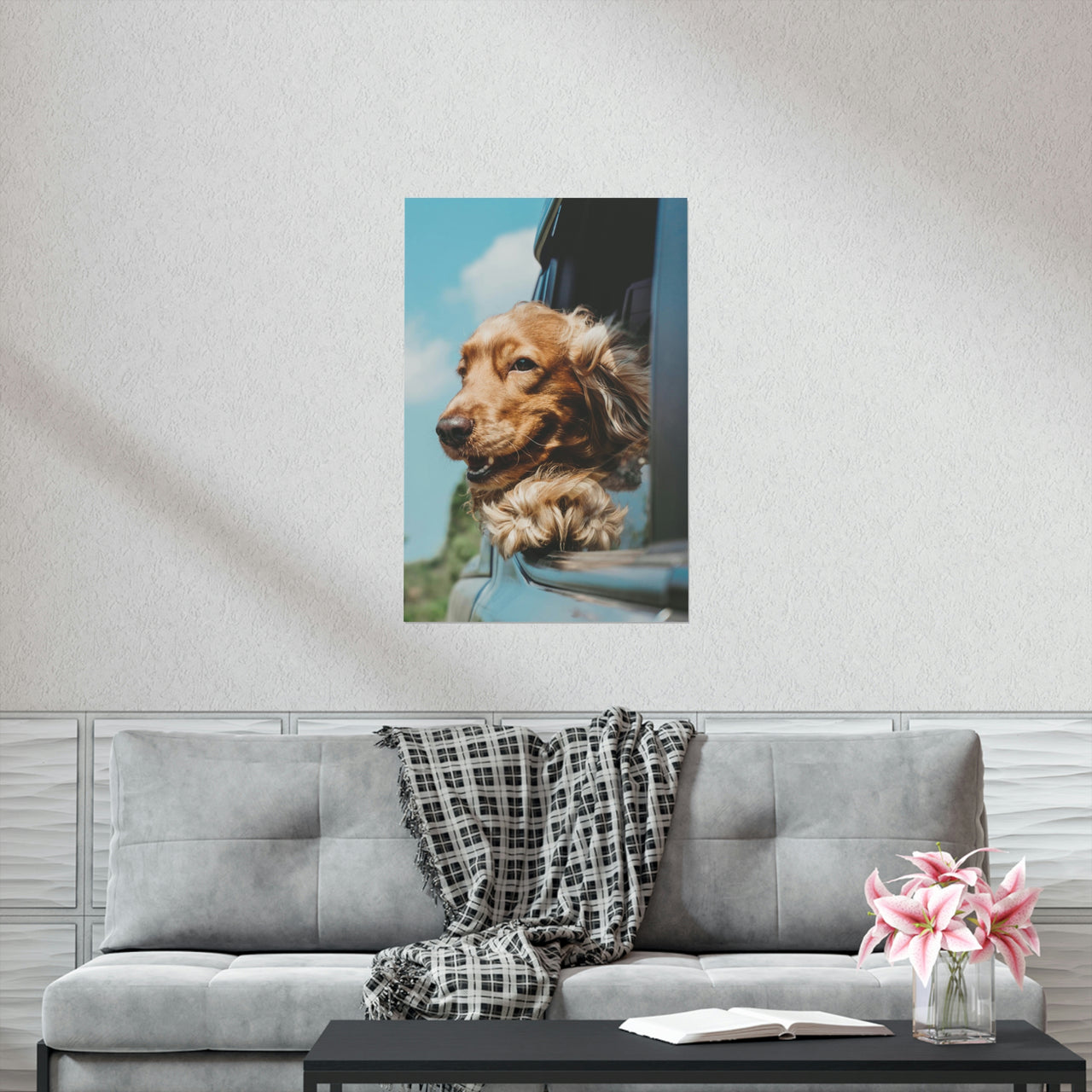 English Cocker Spaniel Poster, Happy Dog in Car