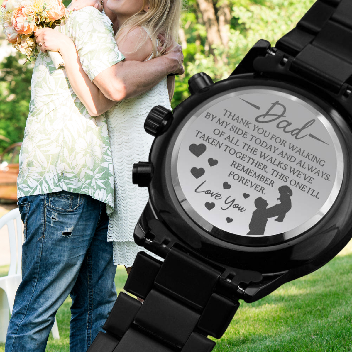 Father of the Bride Engraved Walking by my Side Black Chronograph Watch