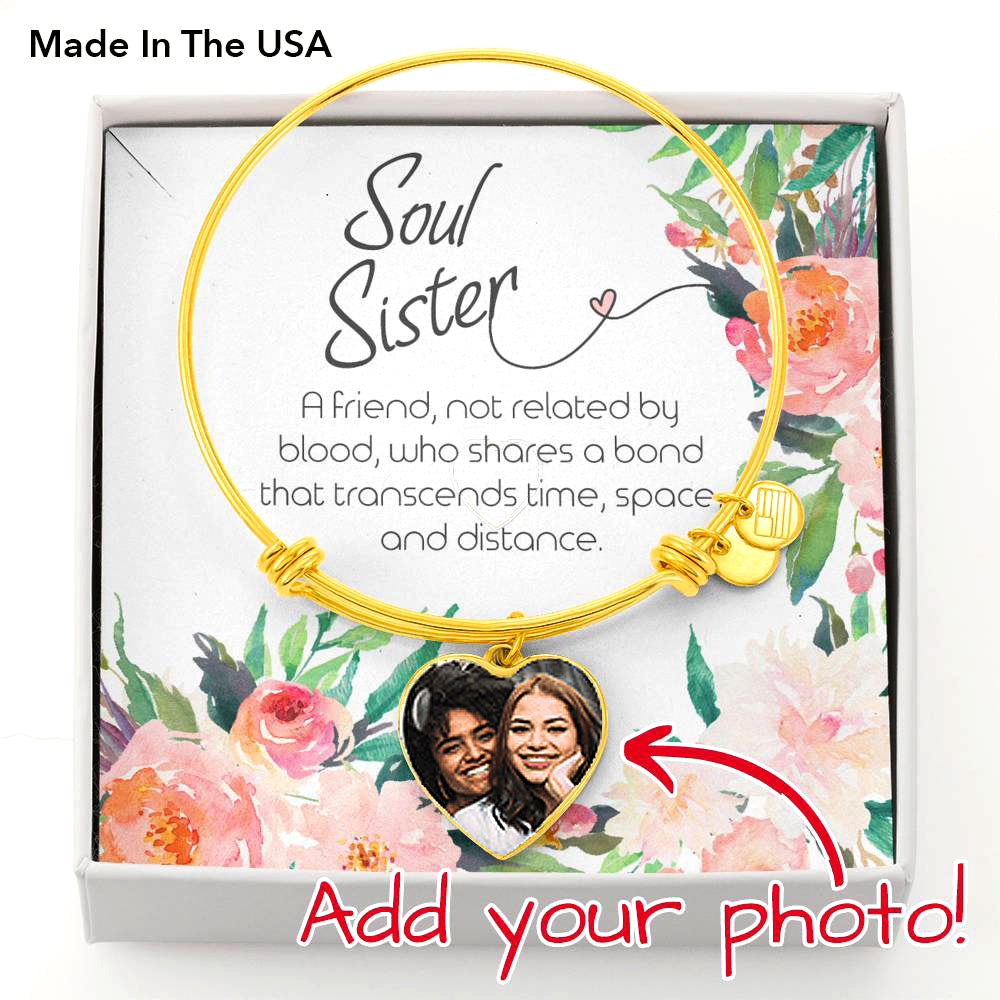 Soul Sister Custom Photo Heart Pendant Bangle Bracelet - Gift for Unbiological Sister, Sister-in-Law, Bonus Sister