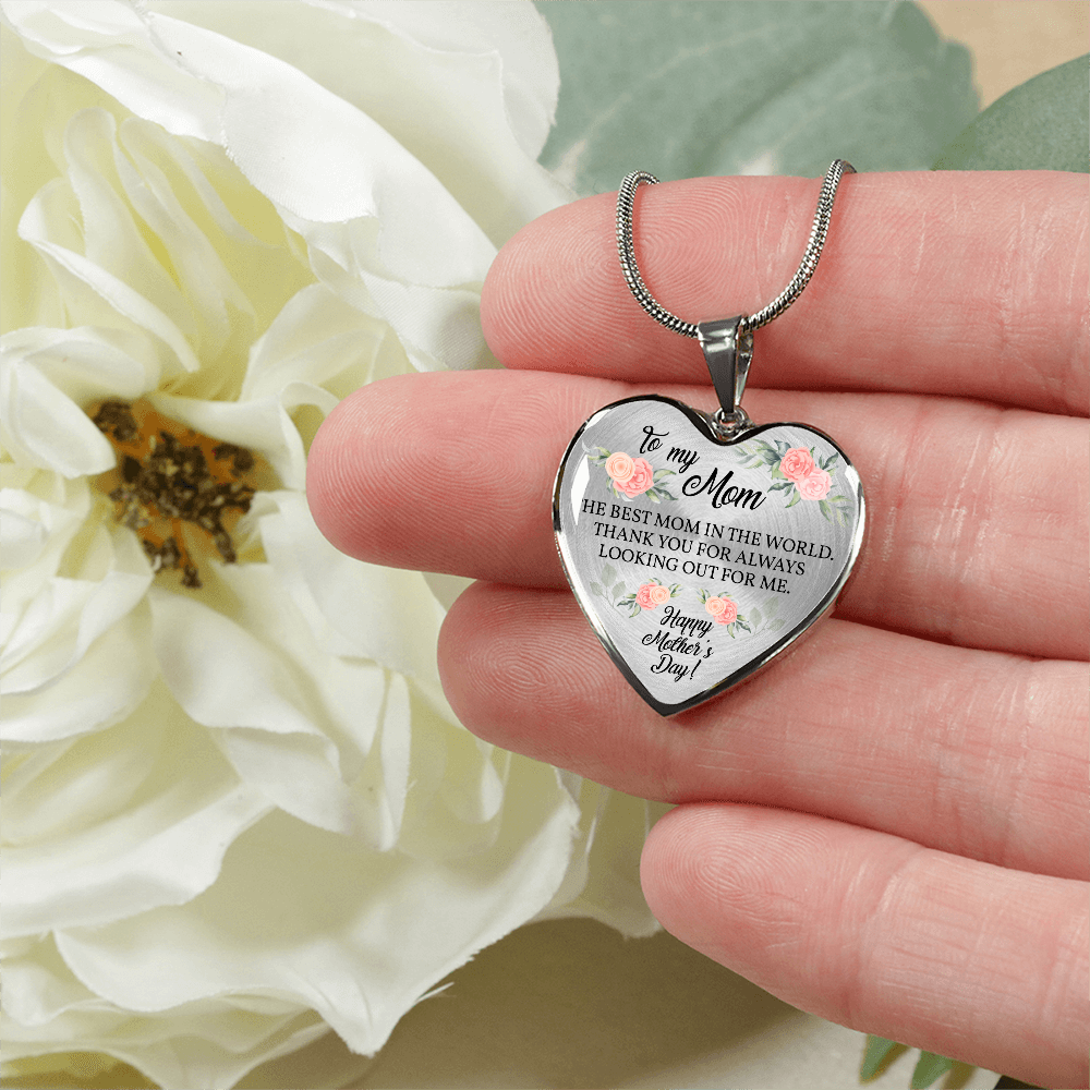 Personalized Mom Necklace Gift For Mother's Day, Thank You Mom For Always Looking Out, Happy Mother's Day Mom Engraved Heart Pendant Jewelry