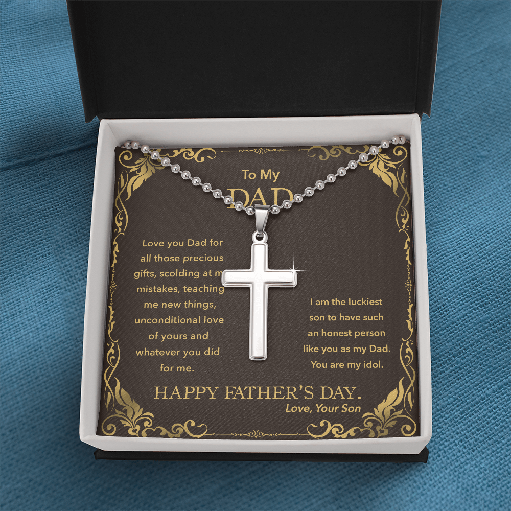 Father's Day Gift to Dad from Son, Stainless Cross Necklace with Ball Chain, You Are My Idol