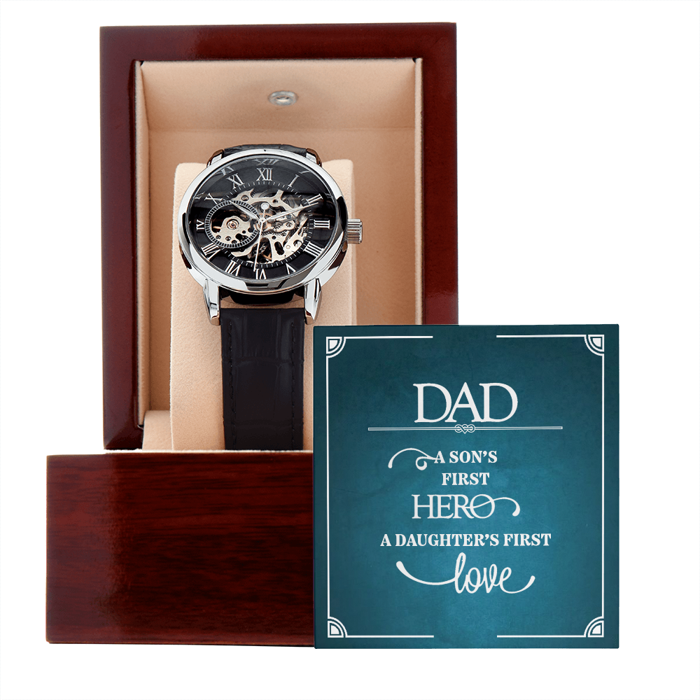 Men's Openwork Watch with Mahogany Box, Gift for Dad, A Son's First Hero, A Daughter's First Love