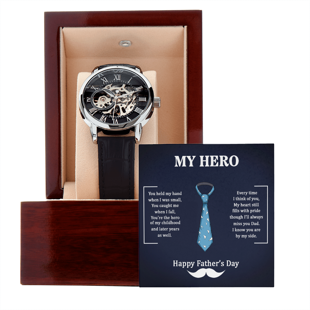 Men's Openwork Watch with Mahogany Box, My Hero Father's Day Gift for Dad