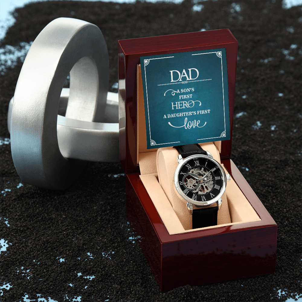 Men's Openwork Watch with Mahogany Box, Gift for Dad, A Son's First Hero, A Daughter's First Love