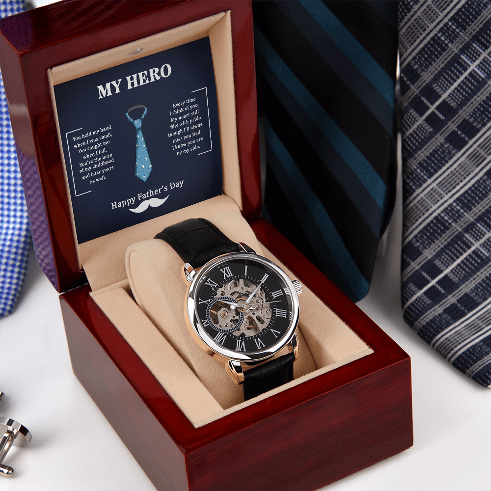 Men's Openwork Watch with Mahogany Box, My Hero Father's Day Gift for Dad