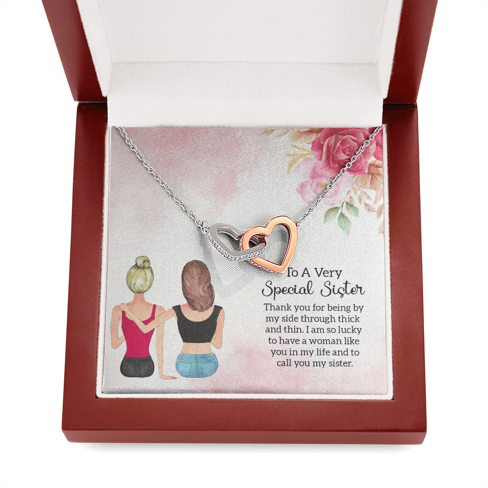 Interlocking Hearts Necklace For Sister - Thank You For Being By My Side Through Thick and Thin