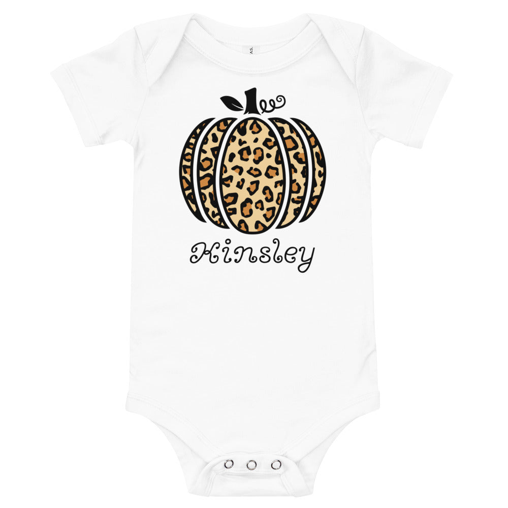 Personalized Leopard Pumpkin Fall Baby Short Sleeve One Piece Bodysuit