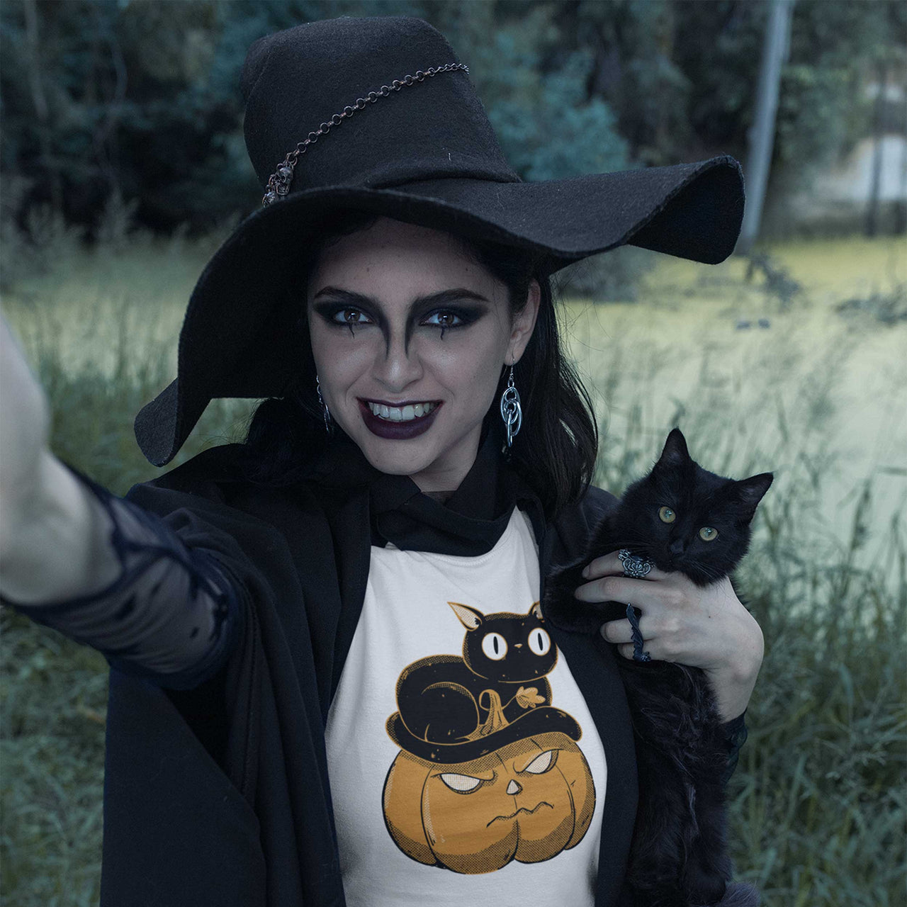 Black Cat on Halloween Pumpkin T-Shirt