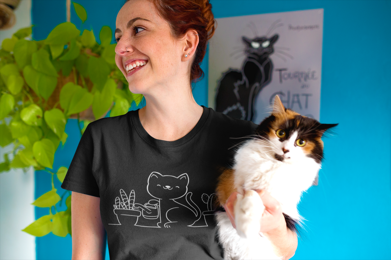 Cat and Plants Line Art T-Shirt