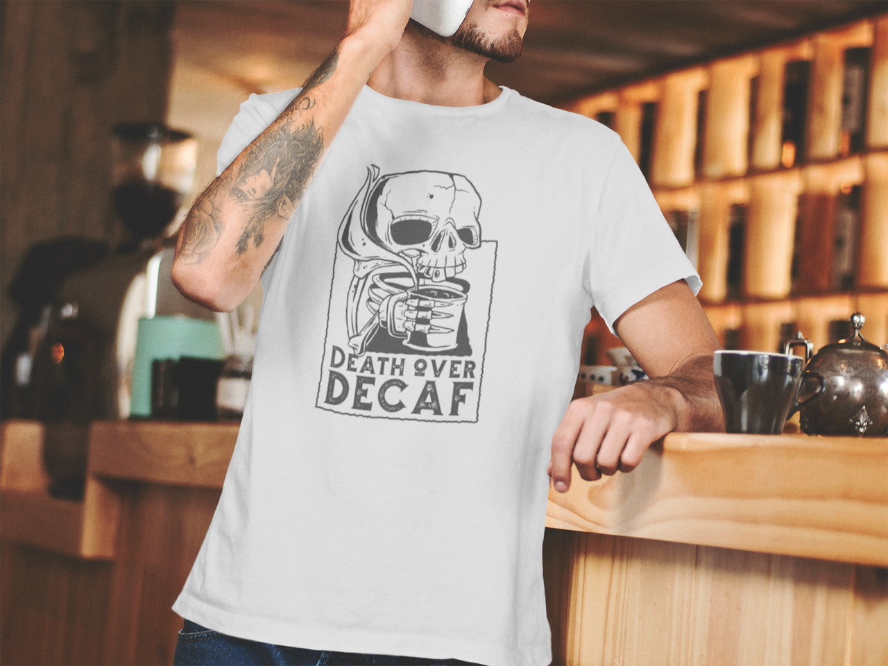 Death Over Decaf T-Shirt, Skull Coffee Tee Shirt