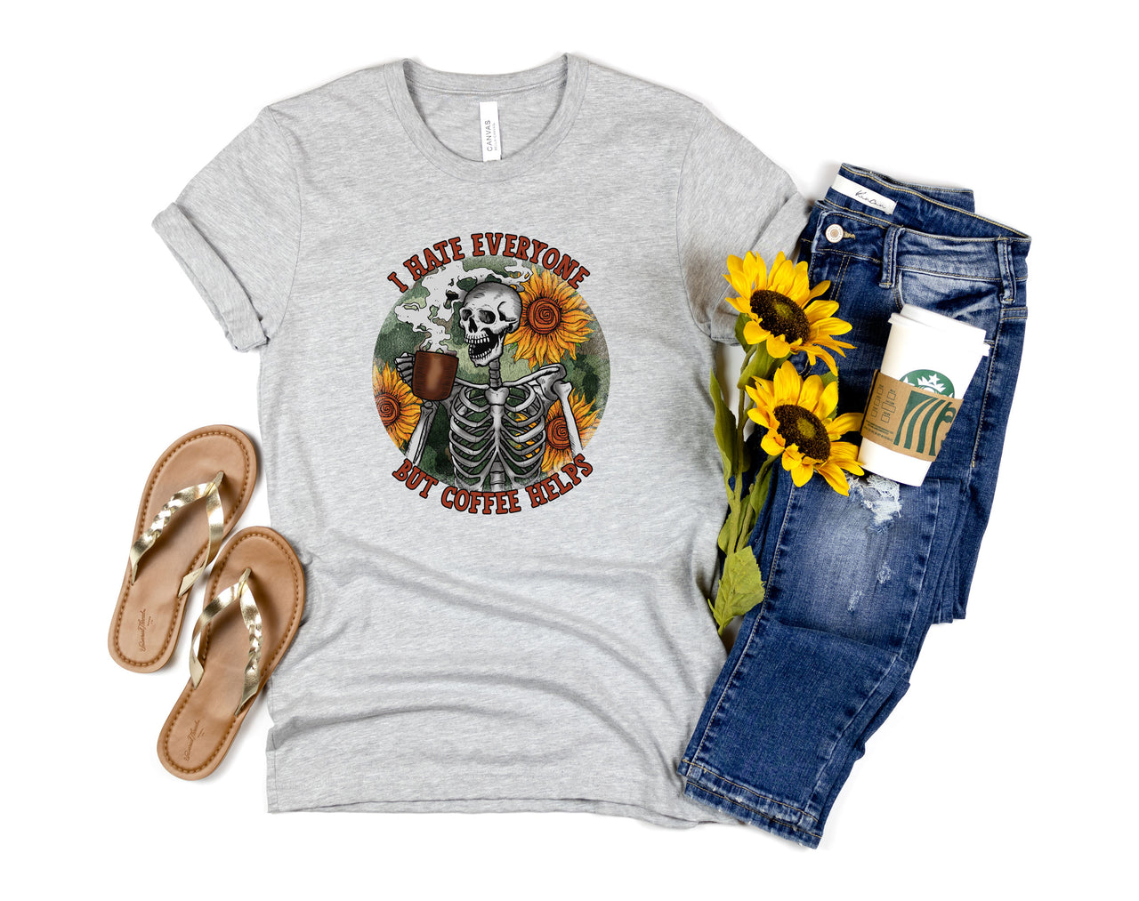Skull Coffee T-Shirt, I Hate Everyone but Coffee Helps Tee Shirt